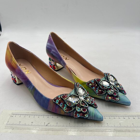 YDN Yellow Multi Pointed Toe Bow Pump Rhinestone Block Low Heel Butterfly Shoe - Picture 4 of 8